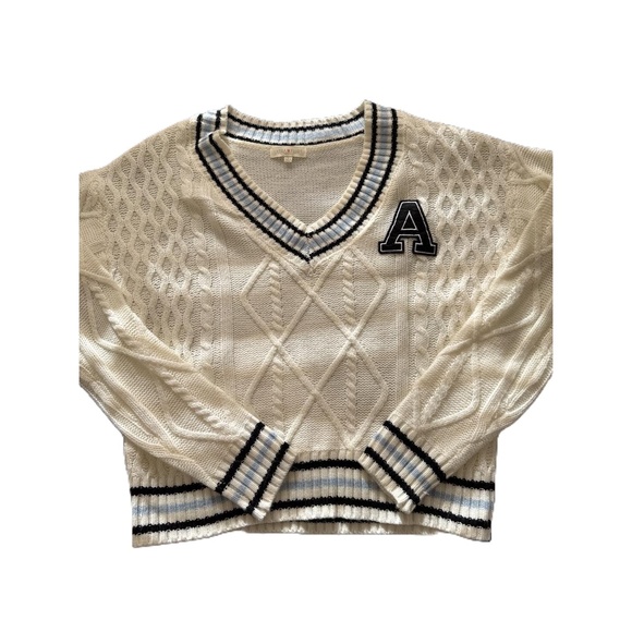Ultra Flirt Cream Cable Knit Varsity Sweater with Black “A” Patch - Picture 2 of 6